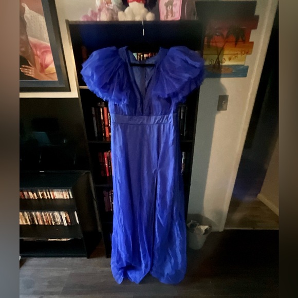 Blue Sexy Elegant Solid Patchwork V Neck Evening Dress Plus Size Dresses - Picture 6 of 7